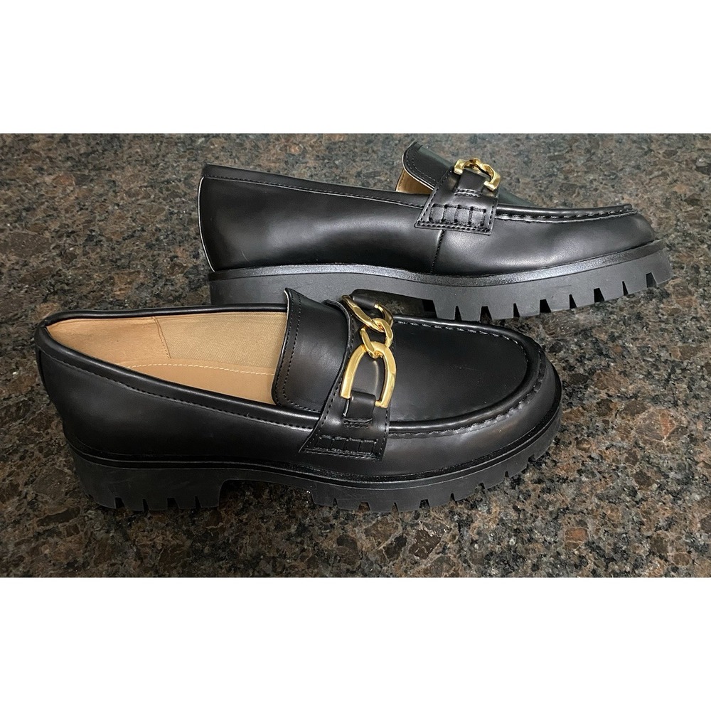 Nine West Women's‎ Gables Chain Lug Sole Loafers Black Gold Size 9.5 M